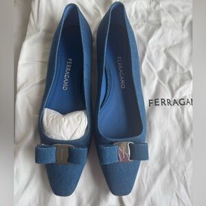 Salvatore Ferragamo Denim Blue Flats with Silver Bow Detail